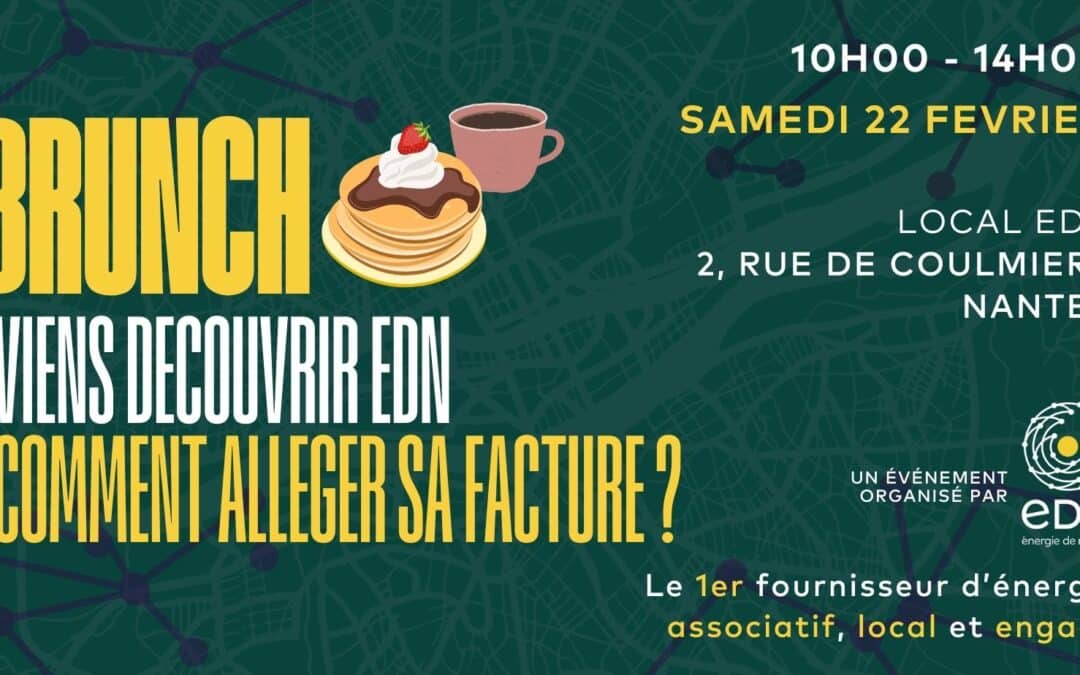 Invitation pour le brunch du 22 février, une pile de crêpes et un café. "Comment alléger sa facture ?"