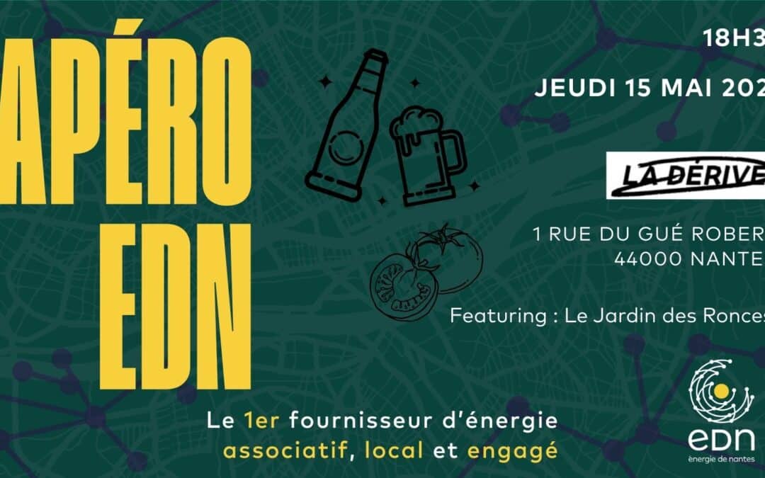 APERO EDN à la Dérive Une pinte et une bouteille trinquent. Présence du Jardin des ronces, une image de tomates