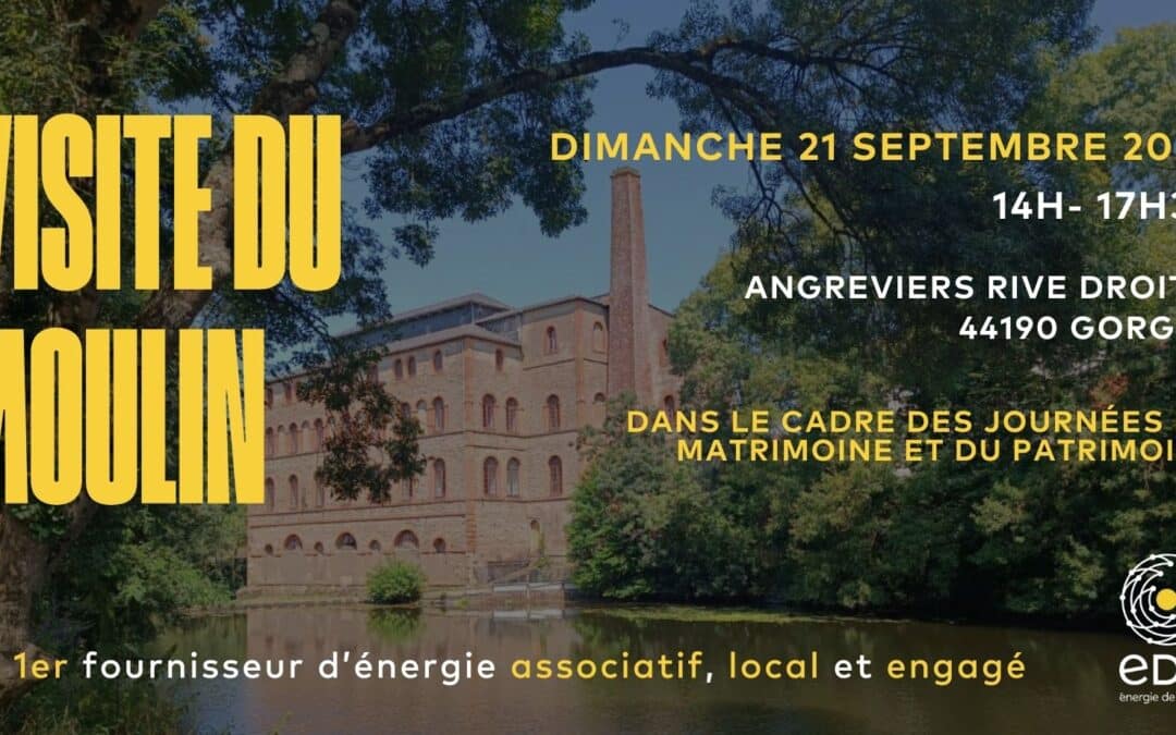 Photo du moulin avec la Sèvre et des arbres au premier plan. Il est écrit "Visite du Moulin dimanche 21 septembre"
