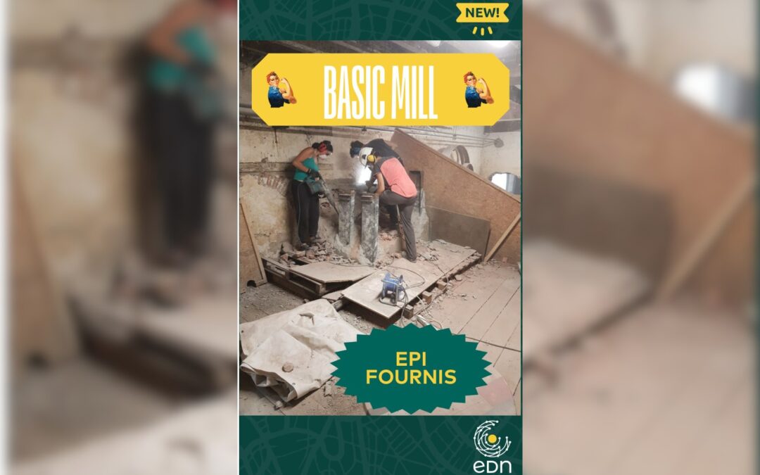 Image verticale avec un jeu de mot "Basic Mill", et trois personnes en train de buriner un bloc de béton.